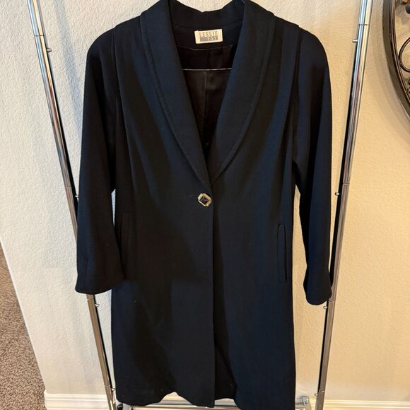 Vintage Leslie Fay 100% Pure Wool Black Long Coat Trench Dress Coat Size 10 USA - Picture 2 of 12